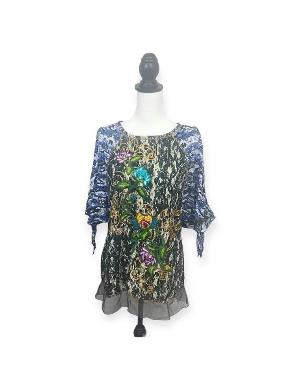 Krista Lee Embroidered Cold Shoulder Bat Sleeve Tunic Top Size S
